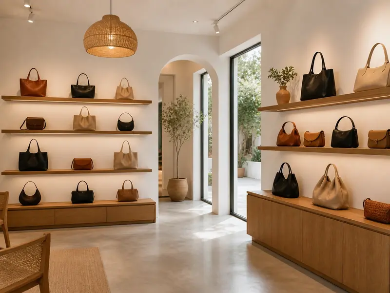 Tienda Misako con bolsos expuestos en estanterías