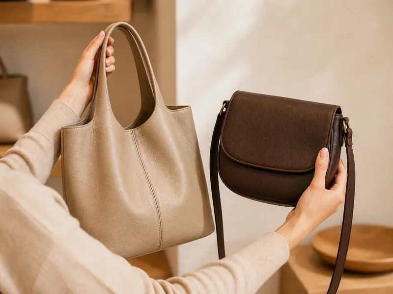 Mujer eligiendo entre varios bolsos Misako en una tienda